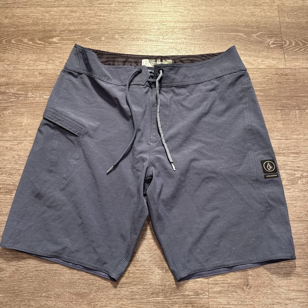 Volcom Board Shorts‎ Mens 32 Blue Striped Polyester Mod Tech Swim Trunks Surf